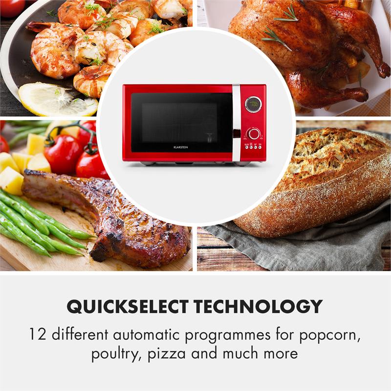 Klarstein Fine Dinesty, mikrovlnná rúra 2 v 1, 23 l, 800 W, gril: 1000 W, retro, 12 programov, červená - Image 2
