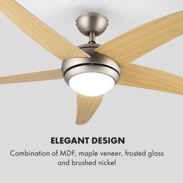 Klarstein Bolero, stropný ventilátor so svietidlom, 55 W, 134 cm, diaľkový ovládač, javorové ramená - Image 3
