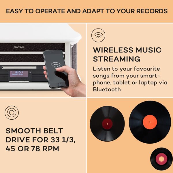 Auna Belle Epoque 1908 DAB, biely, retro stereo systém, gramofón, DAB+