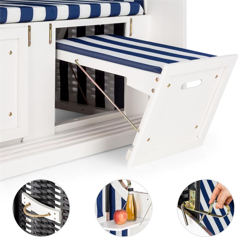 Blumfeldt Hiddensee, plážové sedenie, plážový kôš XL, dvojsedadlo, ležadlo, borovica, modré/biele, pruhovaný motív