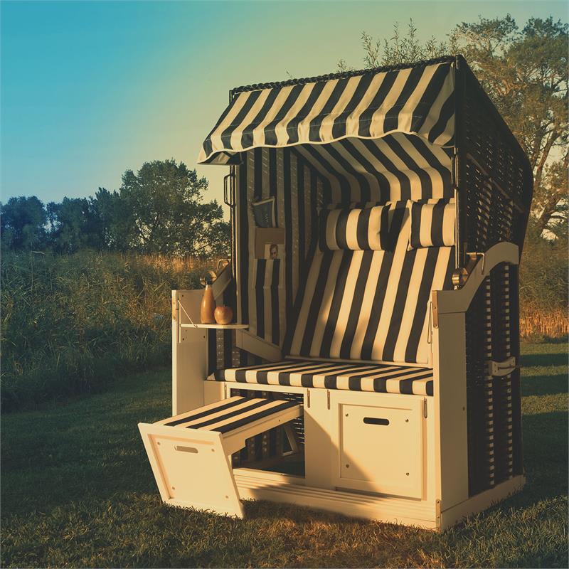 Blumfeldt Hiddensee, plážové sedenie, plážový kôš XL, dvojsedadlo, ležadlo, borovica, modré/biele, pruhovaný motív - Image 2