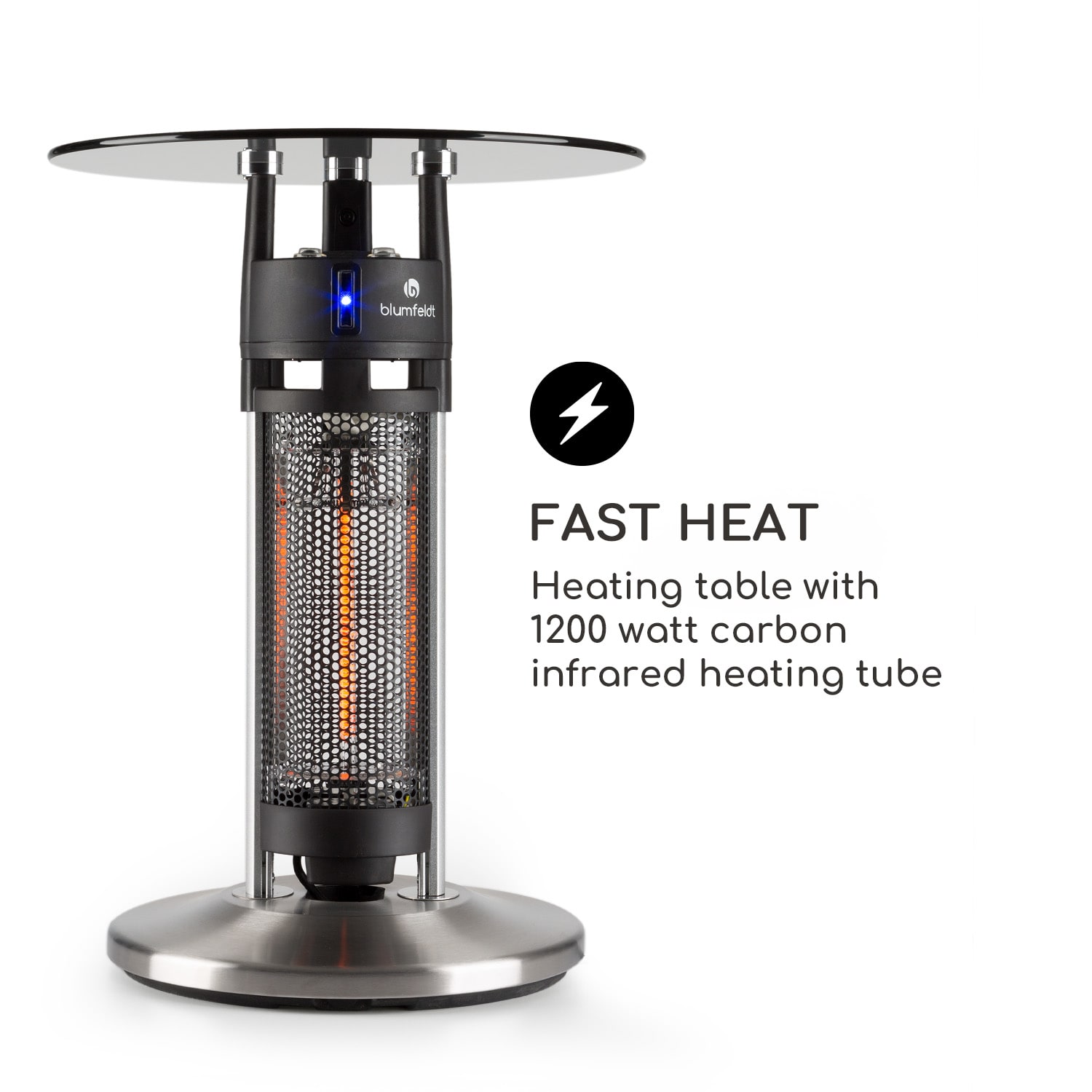 Blumfeldt Primal Heat 65, ohrievač, bistro stôl, 1200 W, uhlíkové IR výhrevné teleso, LED, 65 cm, sklo