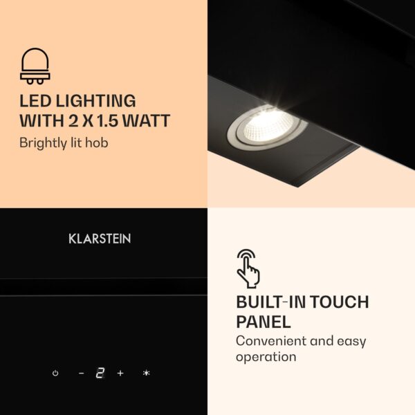 Klarstein Aurica 60, digestor, 60 cm, nástenný, 610 m³/h, LED, dotykové ovládanie, sklo, čierny - Image 2