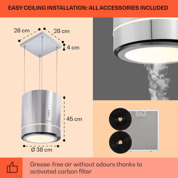 Klarstein Tron Ambience, digestor, 38 cm, ostrovčekový, 540 m³/h, LED, nehrdzavejúca oceľ - Image 2