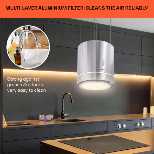 Klarstein Tron Ambience, digestor, 38 cm, ostrovčekový, 540 m³/h, LED, nehrdzavejúca oceľ - Image 3