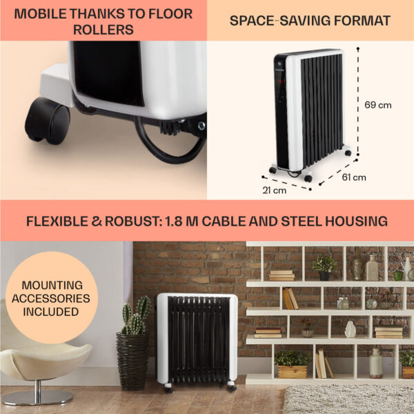 Klarstein Thermaxx 2500, olejový radiátor, 2500 W, 5-35 °C, 24-hod. časovač, biely/čierny - Image 3