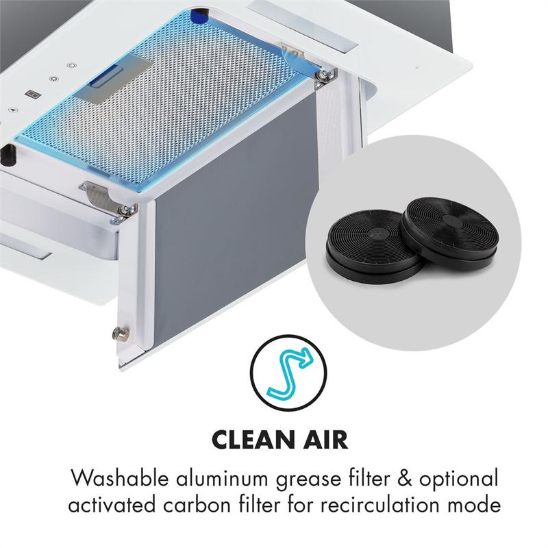 Klarstein Hektor, digestor, 52 cm, vstavaný, 530 m³/h, LED, dotykové ovládanie, sklo, biely - Image 2