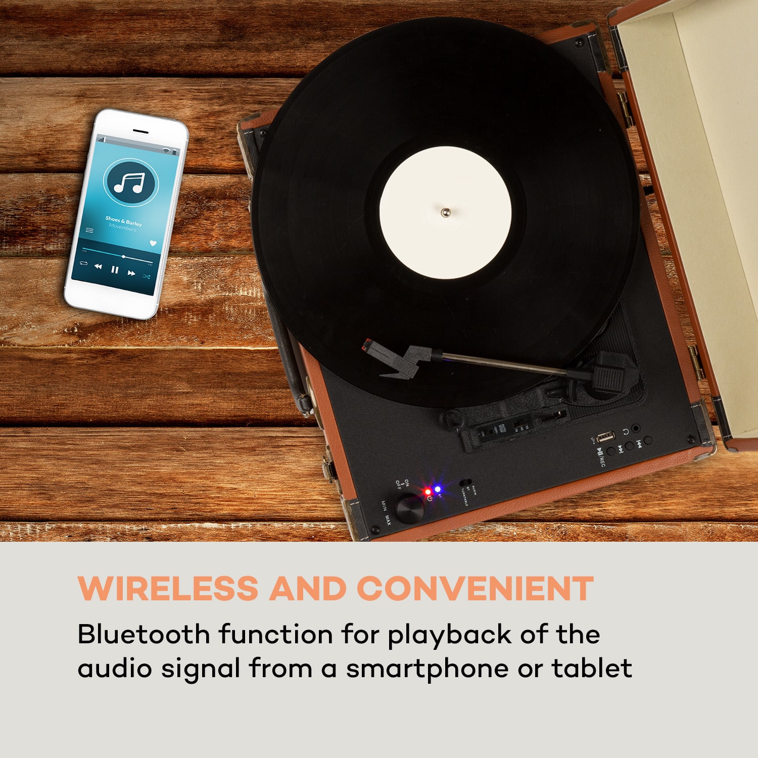 Auna Jerry Lee BT, gramofón, BT, USB, nahrávanie a prehrávanie, hnedý