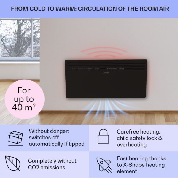 Klarstein Hot Spot Slimcurve, konvektor, ohrievač, 80 x 40 cm, 40 m², 2000 W, 5 - 40 °C, IP24, čierny