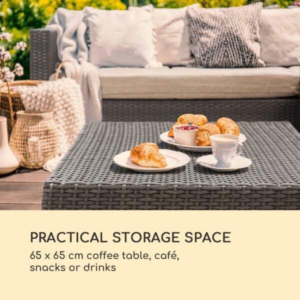 Blumfeldt Theia Lounge Set, záhradná sedacia súprava, rohový gauč, stolček, 5 vankúšov, čierna - Image 2