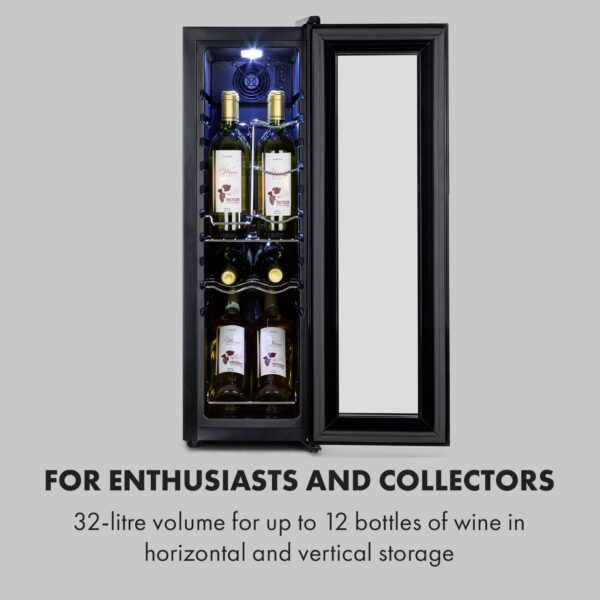 Klarstein Shiraz 12 Slim, vinotéka, 32 l, 12 fliaš, 85 W, 5–18°C, dotykový ovládací panel