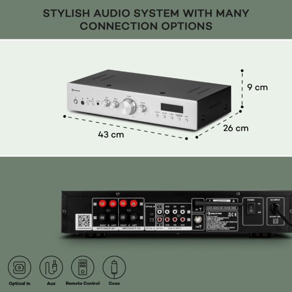 Auna AMP-CD608 DAB, HiFi stereo zosilňovač, 4 x 100 W, RMS, DAB+ BT, optický vstup, diaľkový ovládač - Image 3