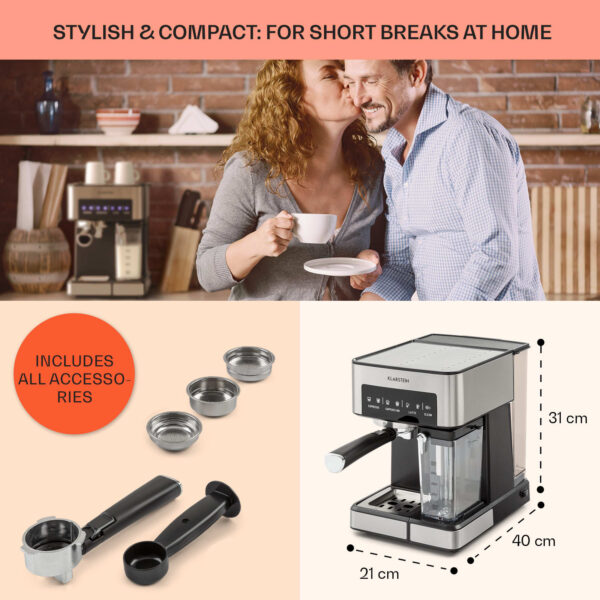 Klarstein Arabica Comfort  kávovar s portafiltrom, 1350 W, 20 bar, 1,8 l, dotykový ovládací panel - Image 2