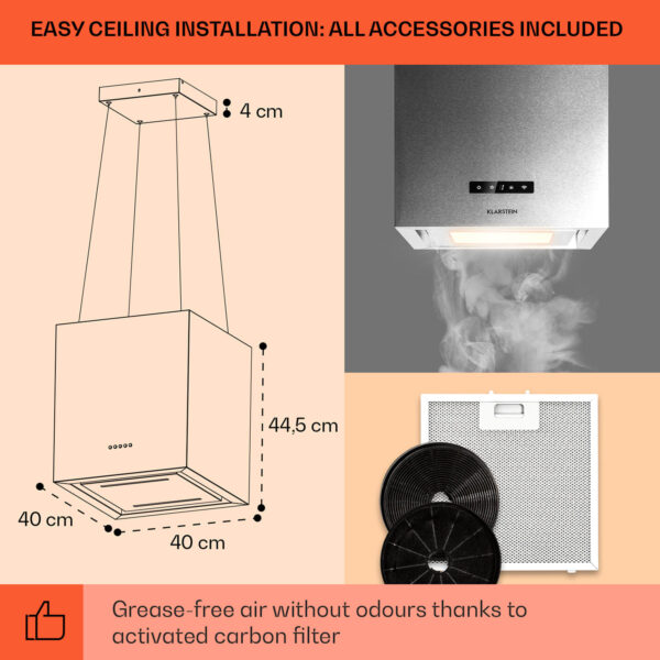 Klarstein Kronleuchter Smart, digestor, 40 cm, ostrovčekový, 595 m³/h, ovládánie cez aplikáciu, LED panel, strieborný - Image 2