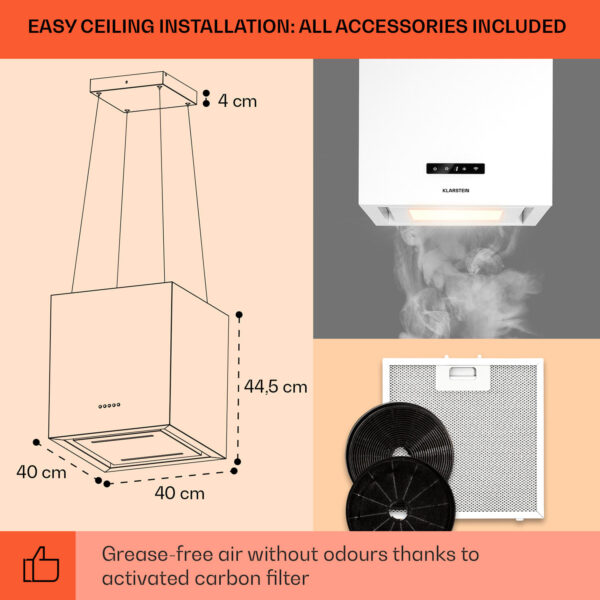 Klarstein Kronleuchter Smart, digestor, 40 cm, ostrovčekový, 595 m³/h, ovládánie cez aplikáciu, LED panel, biely - Image 2