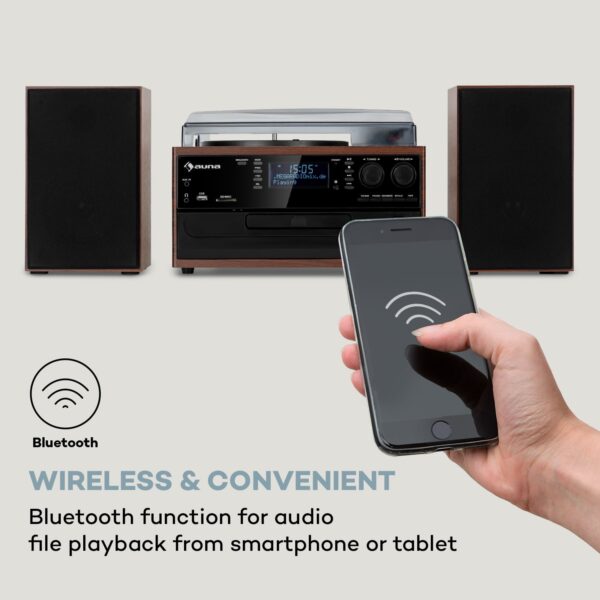Auna Oakland DAB Plus, retro stereo systém, DAB+/FM, BT funkcia, vinyl, CD prehrávač, kazetový prehrávač. vrátane reproduktorov - Image 3