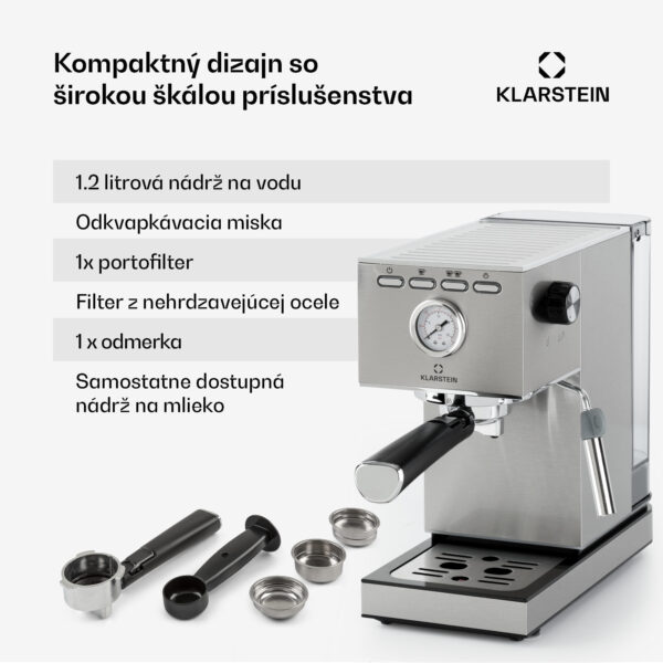 Klarstein Pausa, pákový kávovar, 1350 W, 7-9 bar, 1,4 l, nehrdzavejúca oceľ - Image 3