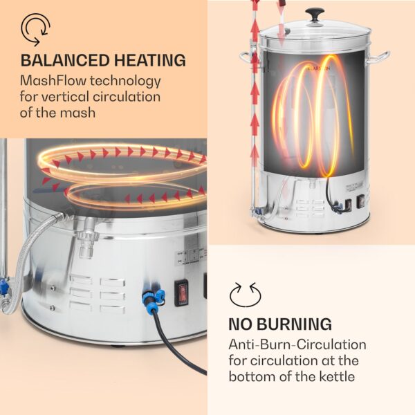 Klarstein Brauheld Smart 45, rmutovací kotol, 45 l, 2500 W, 100 °C, obehové čerpadlo, nehrdzavejúca oceľ - Image 2