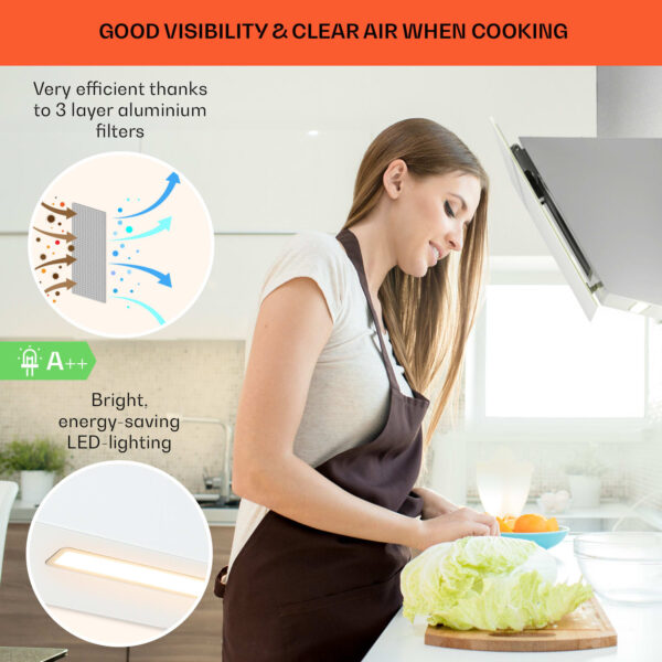 Klarstein Ava 90 Smart, digestor, 90 cm, nástenný, WiFi, A++, 515 m³/h, dotykový displej