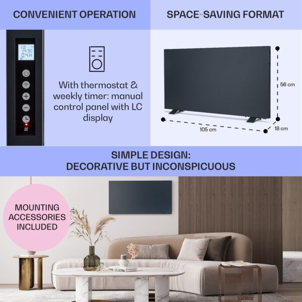 Klarstein Taal Smart, hybridný infračervený ohrievač, 105 x 56 cm, 750 W, týždenný časovač, IP24 - Image 3