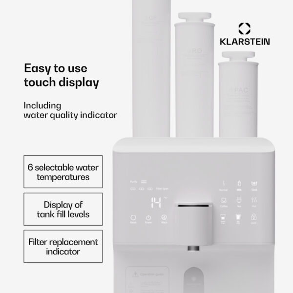 Klarstein AquaFina 6L, čistička vody, 5-stupňová filtrácia, objem 6 l, HD dotykový displej, 6 teplôt vody, biela - Image 3