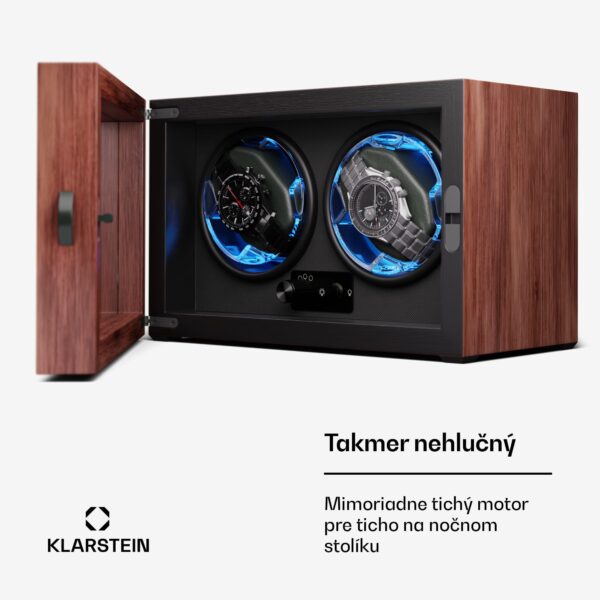 Klarstein Brienz 2, naťahovač hodiniek, 2 hodinky, 4 režimy, drevený vzhľad, modré vnútorné osvetlenie