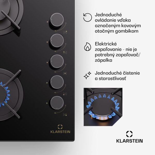 Klarstein Goldflame 5, plynová varná doska, sebestačná, 5 horákov, bočné ovládanie, plyn/propán, sklokeramika, čierna - Image 2