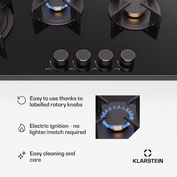 Klarstein Goldflame 4 Slim, plynová varná doska, 4 horáky, sebestačná, zemný plyn/propán, nehrdzavejúca oceľ - Image 2