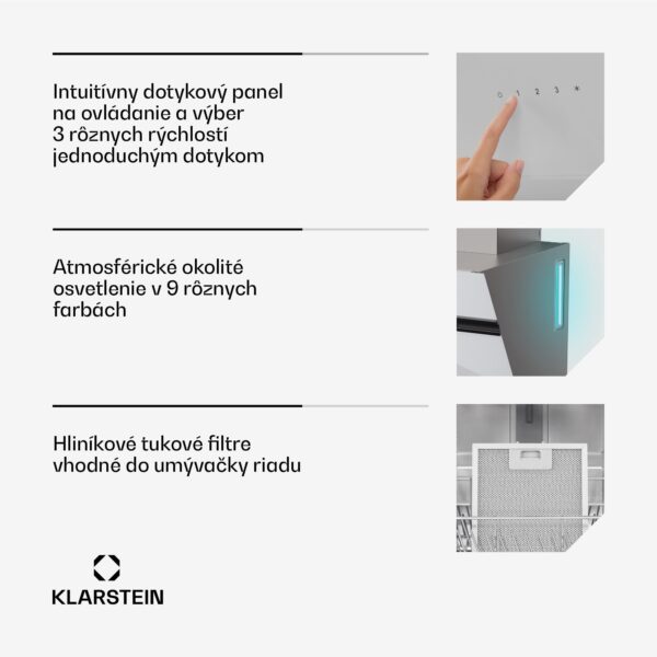 Klarstein Alina digestor, 40 cm, 538 m³/h, LED displej, Ambietné osvetlenie, Sklenená predná strana, EEK A - Image 3