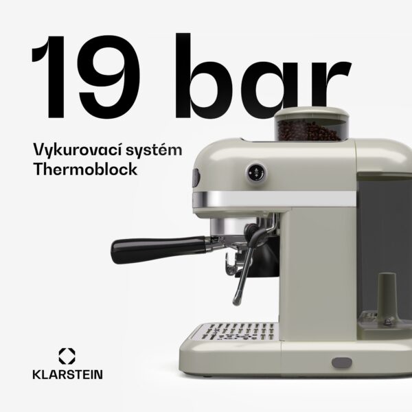 Klarstein Bella Café pákový kávovar, Vintage, mlynček, 19 bar, Napeňovač mlieka, 2 šálky, 1550 W
