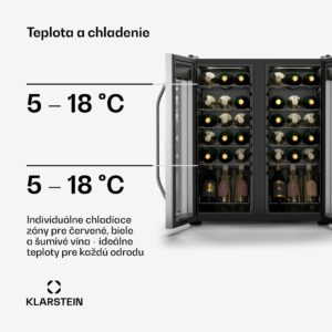 Klarstein Vinamour chladnička na víno, 2 chladiace zóny, 7 políc, dotykové ovládanie, UV-ochrana