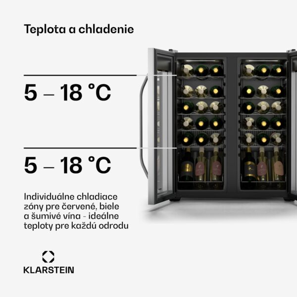 Klarstein Vinamour chladnička na víno, 2 chladiace zóny, 7 políc, dotykové ovládanie, UV-ochrana