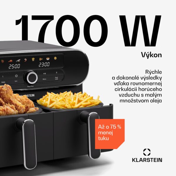 Klarstein AuraAir Color Touch teplovzdušná fritéza, 2 komory, 11 l, 1700 W, 80 - 200 °C, 8 programov