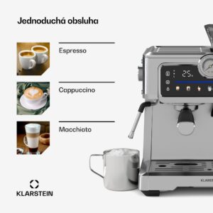Klarstein GrandPresso Touch kávovar, 20 barov, integrovaný mlynček, indikátor tlaku, mliečna pena
