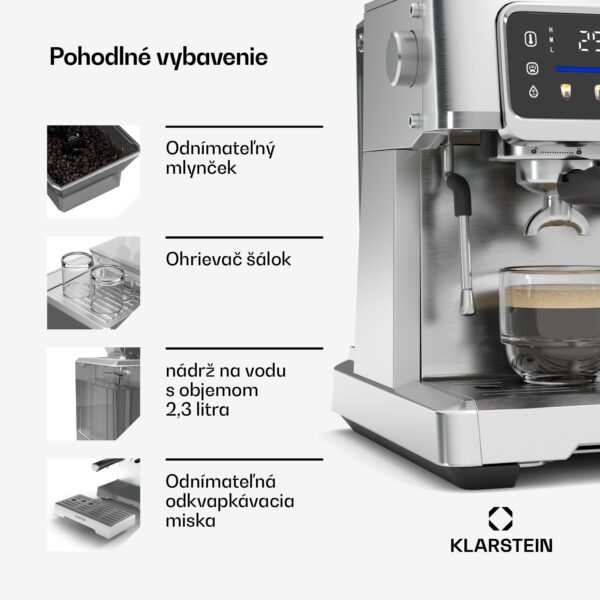 Klarstein GrandPresso Touch kávovar, 20 barov, integrovaný mlynček, indikátor tlaku, mliečna pena - Image 2