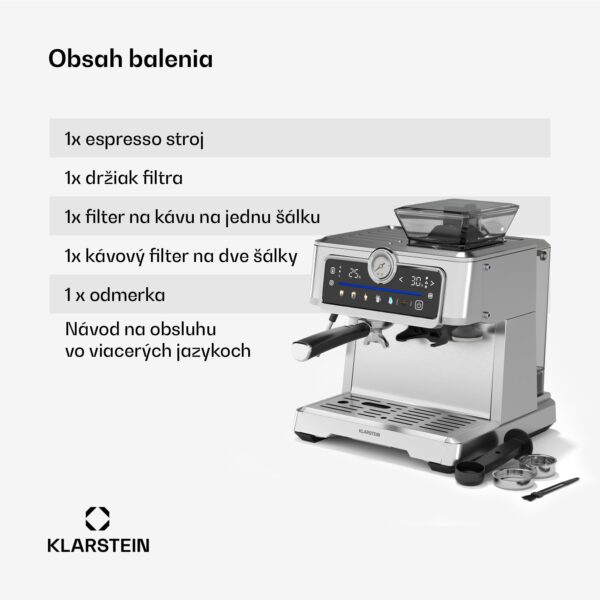 Klarstein GrandPresso Touch kávovar, 20 barov, integrovaný mlynček, indikátor tlaku, mliečna pena - Image 3