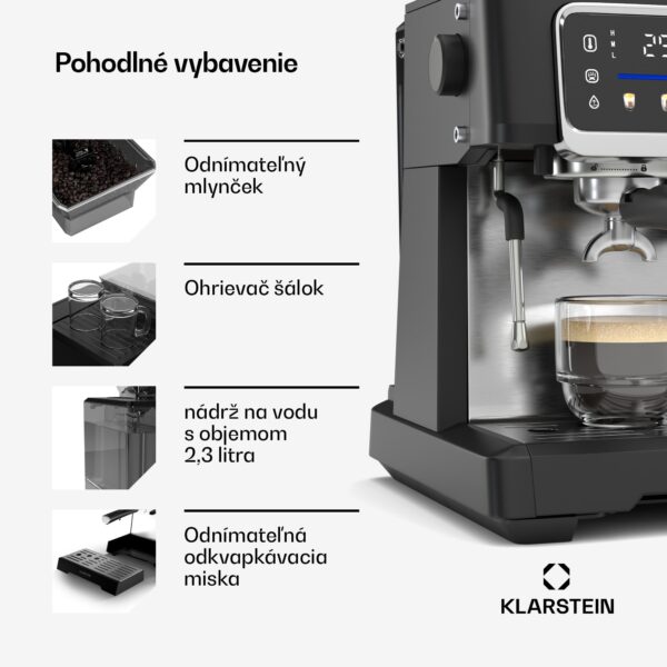 Klarstein GrandPresso Touch kávovar, 20 barov, integrovaný mlynček, indikátor tlaku, mliečna pena - Image 2