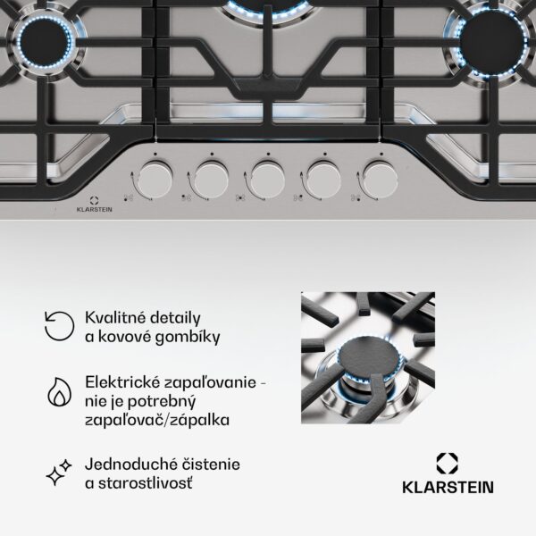 Klarstein Turbocast plynová varná doska, 304 nehrdzavejúca oceľ, 5 horákov, profesionálny liatinový držiak, horák wok - Image 2