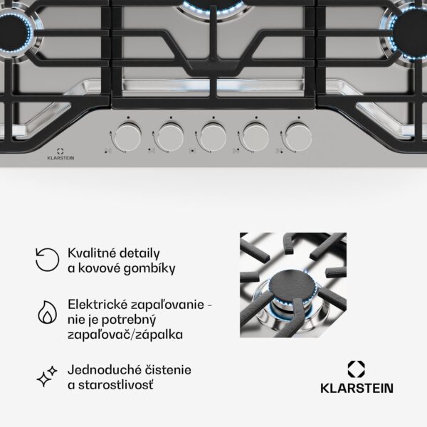 Klarstein Turbocast plynová varná doska, 304 nehrdzavejúca oceľ, 5 horákov, profesionálny liatinový držiak, horák wok - Image 2