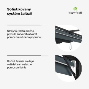 Blumfeldt Pantheon Robust Pergola 3x3 m, práškovo lakovaná oceľ, odolná voči poveternostným vplyvom, s bočnými roletami