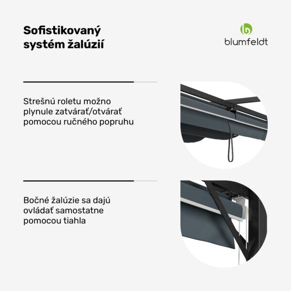 Blumfeldt Pantheon Robust Pergola 3x3 m, práškovo lakovaná oceľ, odolná voči poveternostným vplyvom, s bočnými roletami