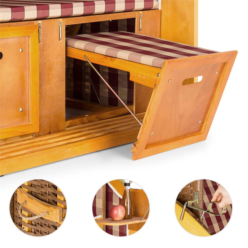 Blumfeldt Hiddensee, plážové sedenie, plážový kôš XL, dvojsedadlo, ležadlo, borovica, červené/biele, károvaný motív