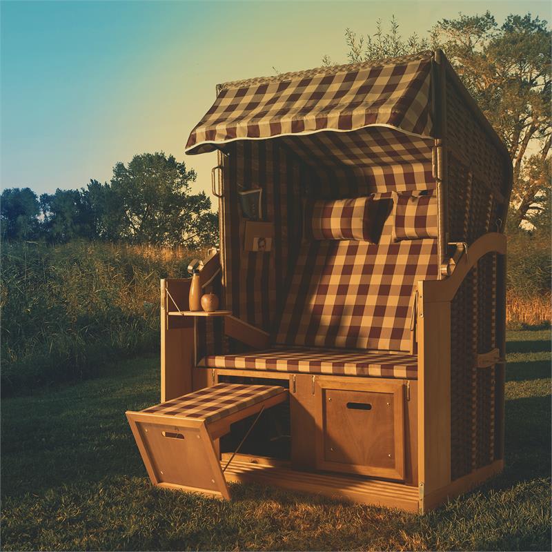 Blumfeldt Hiddensee, plážové sedenie, plážový kôš XL, dvojsedadlo, ležadlo, borovica, červené/biele, károvaný motív - Image 2