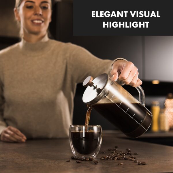 Klarstein Glaswerk Ristretto, french press, 1 l, borosilikátové sklo, nehrdzavejúca oceľ, orechové drevo