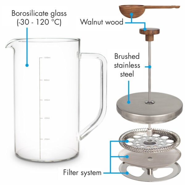 Klarstein Glaswerk Ristretto, french press, 1 l, borosilikátové sklo, nehrdzavejúca oceľ, orechové drevo - Image 2