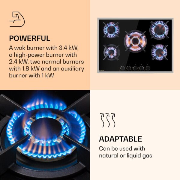 Klarstein Goldflame 5 Prime, plynová varná doska, 5 Messing horákov, sklokeramika