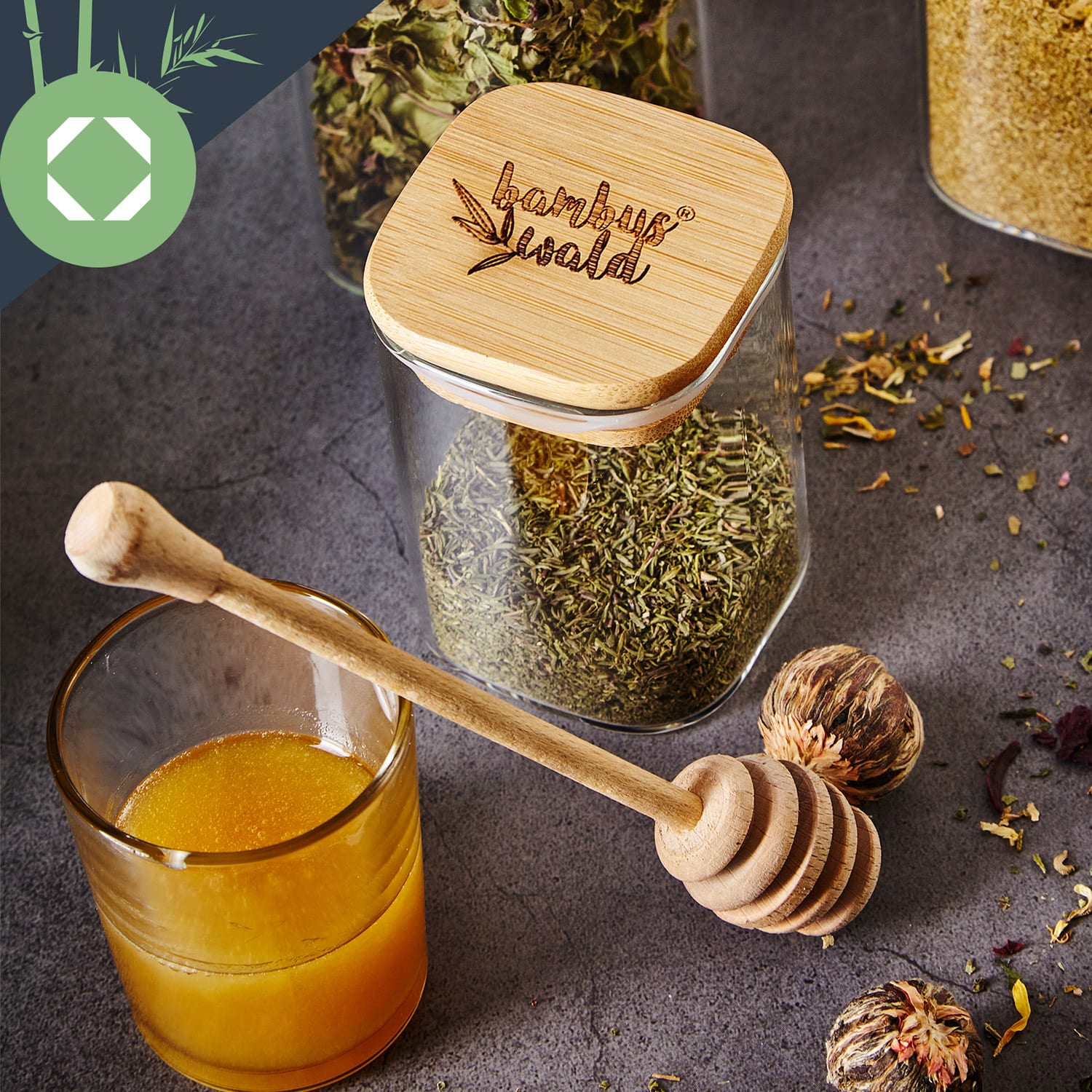 Klarstein Hranatá nádoba na skladovanie potravín s bambusovým vrchnákom, 10 x 10 x 10 cm, 700 ml, vzduchotesná, so silikónovým tesnením - Image 3