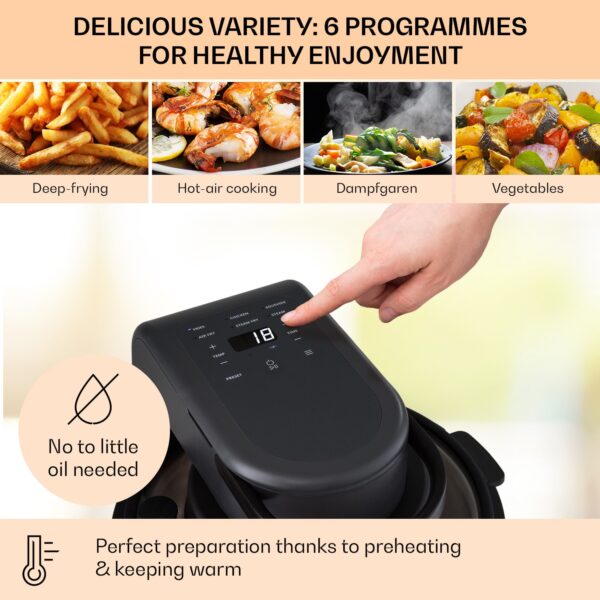 Klarstein Vendure, teplovzdušná fritéza s parnou funkciou, 1250 W, 5 l, 6 programov