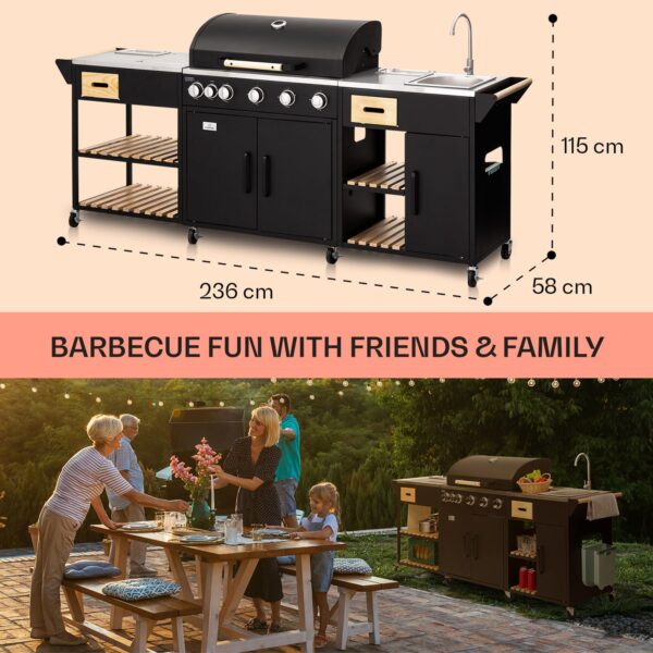 Klarstein Jersey vonkajšia kuchyňa s plynovým grilom a drezom, 20,7 kW, 5+1 horákov, mobilná - Image 3