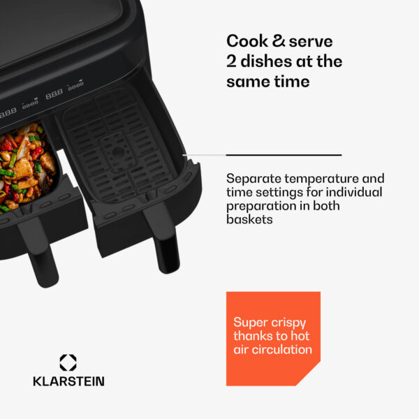 Klarstein VitaFry Duo, teplovzdušná fritéza, 2850 W, 7,6 l, 2 varné zóny, 6 programov